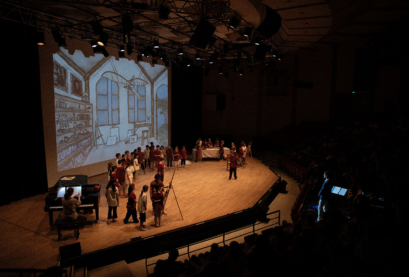 projected illustration in a music hall