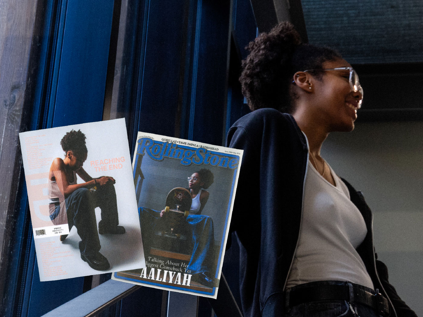 scanned magazine covers on top of a picture of aaliyah